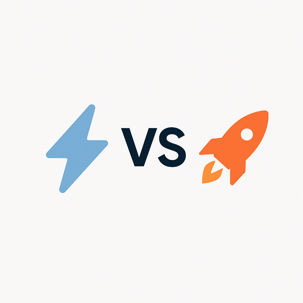 "Perfmatters와 WP Rocket 비교, 번개 아이콘과 로켓 아이콘을 대비한 이미지"