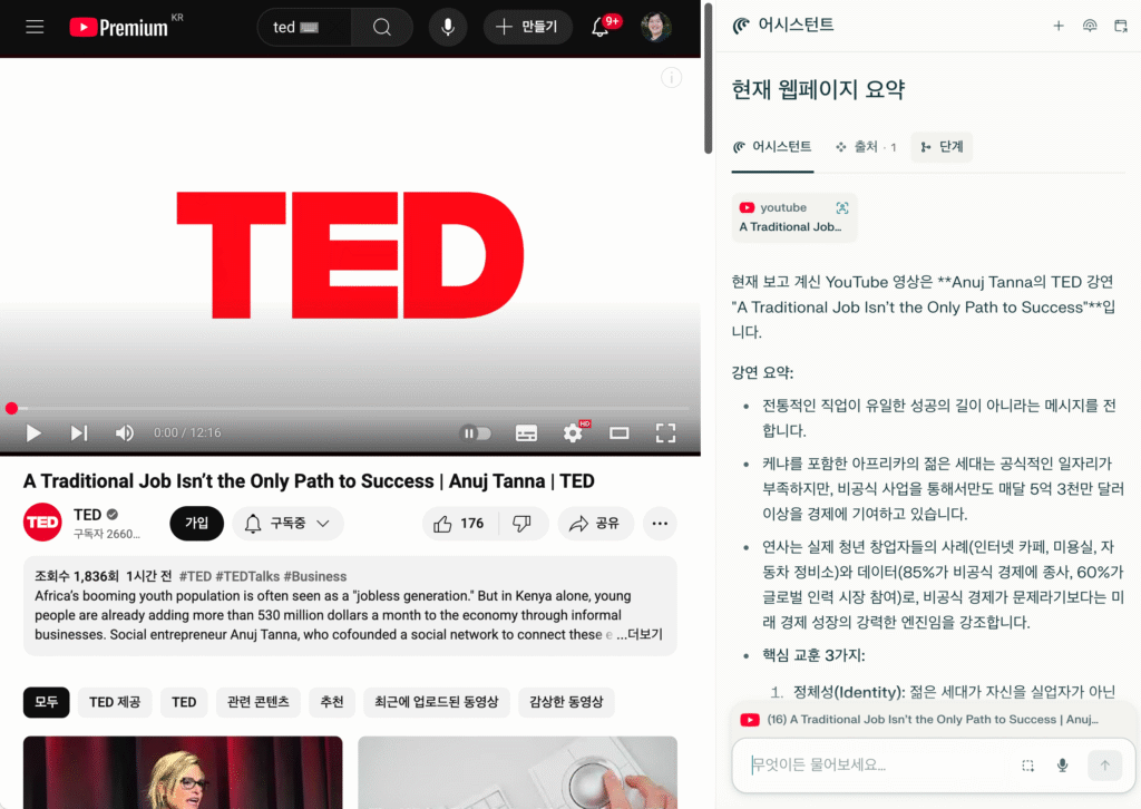 TED 강연 유튜브 영상 화면 옆에 Comet의 요약