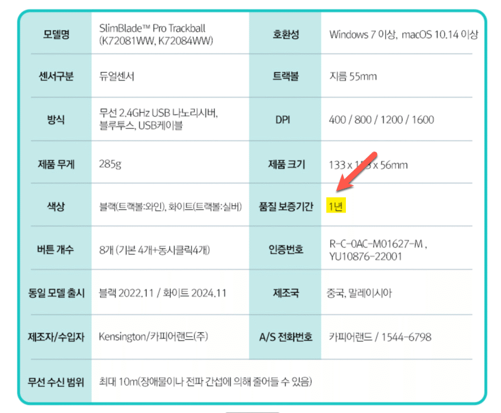 트랙볼 마우스 제품 사양표