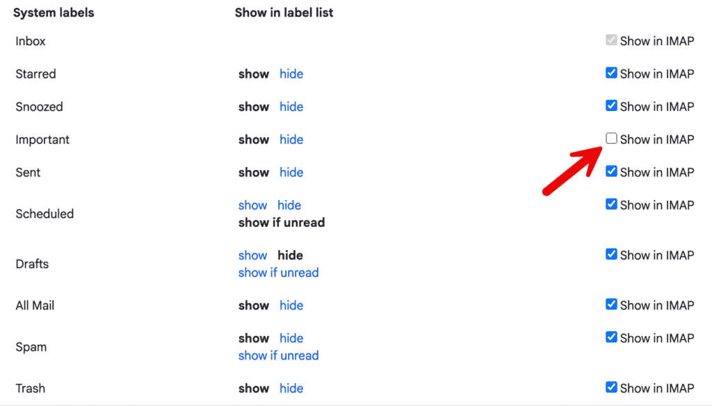 Gmail 라벨 IMAP 설정 화면