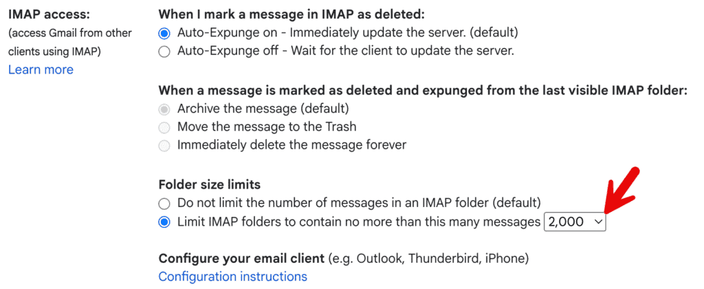 Gmail IMAP 설정 화면 옵션