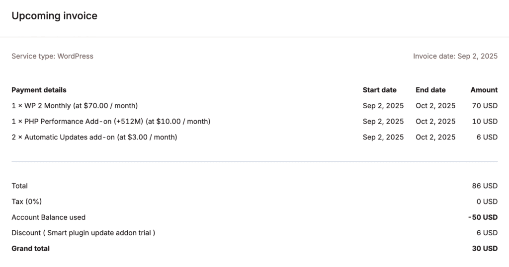 Upcoming invoice for managed WordPress hosting showing payment details and total amount.