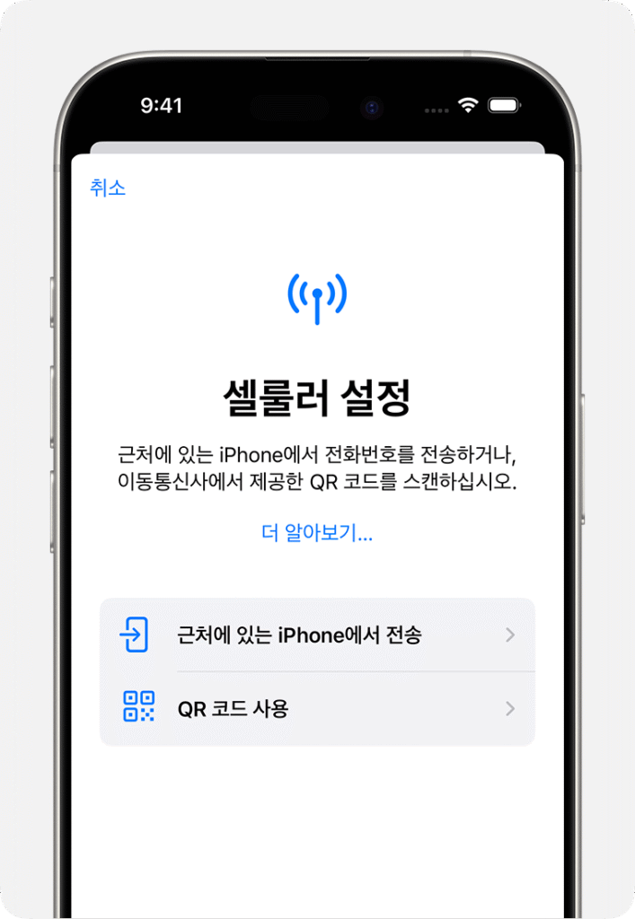 근처에 있는 iPhone에서 셀룰러 요금제를 전송하거나 QR 코드를 사용하는 옵션이 있는 eSIM 설정이 표시된 iPhone 스크린샷