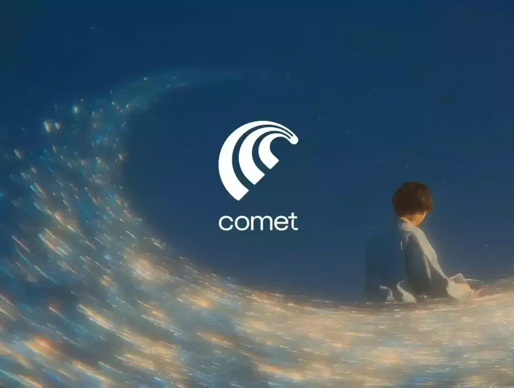 밤하늘 유성 곁에 앉은 사람을 배경으로 한 Comet 브라우저 로고