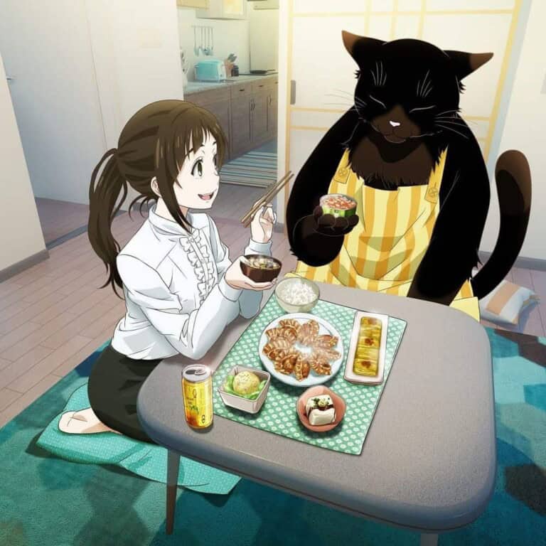 소녀와 고양이 요리사가 함께 식사하는 모습