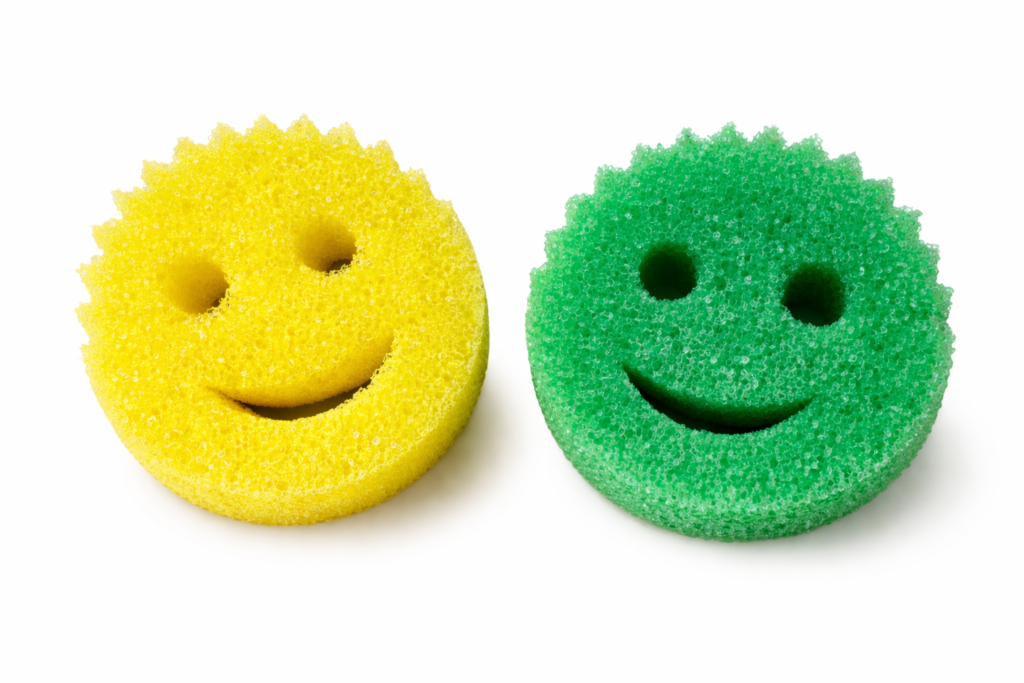 웃는 얼굴 모양 노랑 초록 스크럽 대디 스펀지