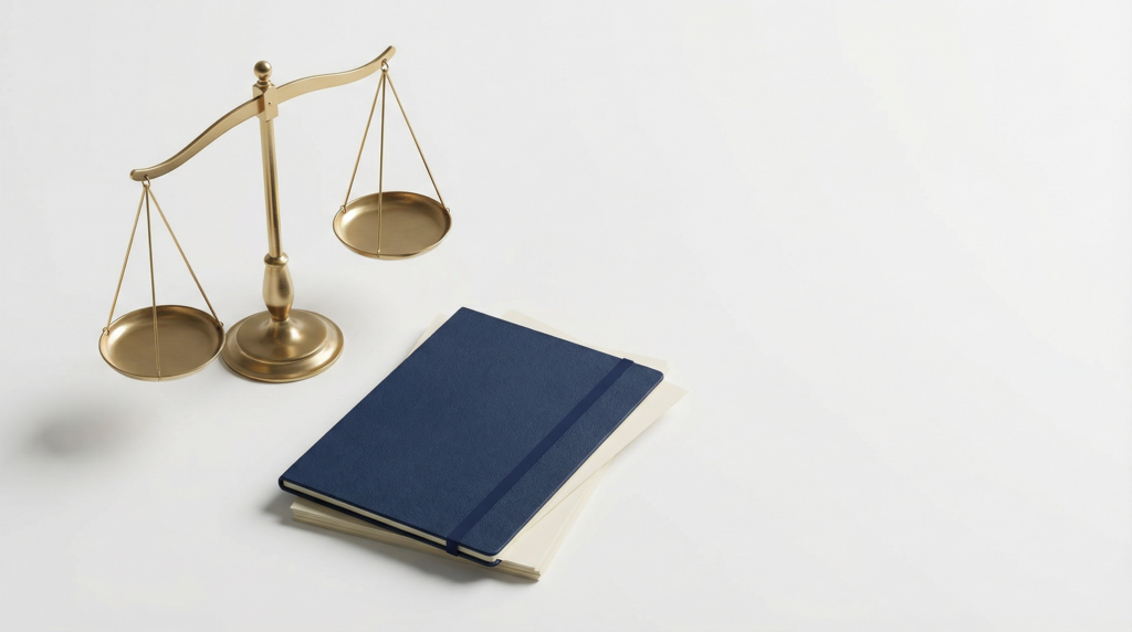 천칭과 서류가 놓인 미니멀한 법률 콘셉트 이미지