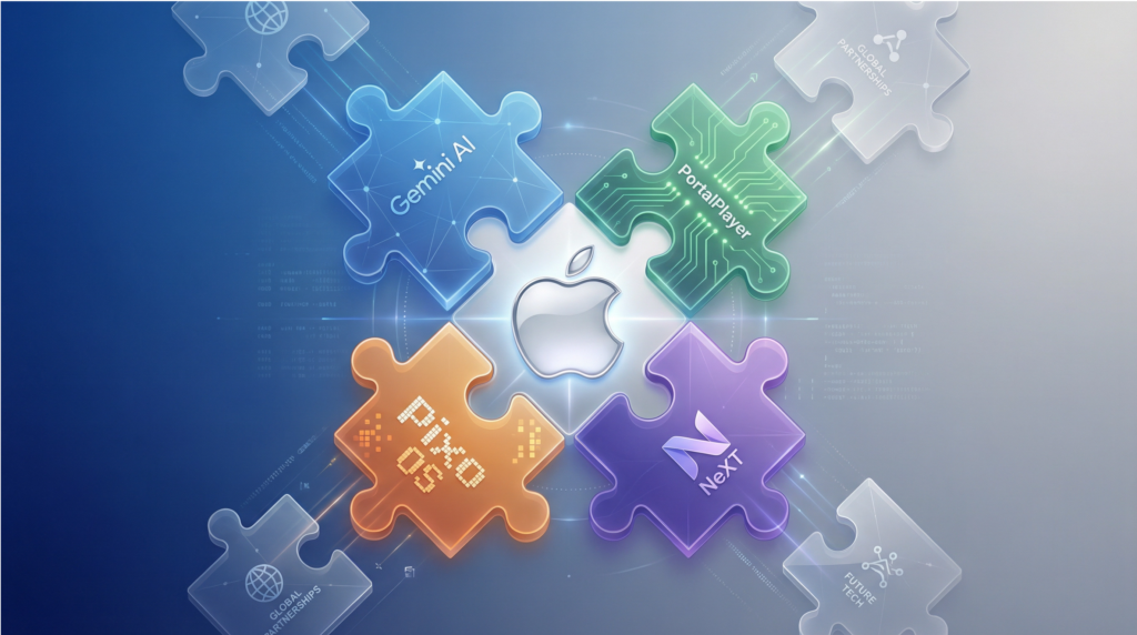 애플 로고와 기술 퍼즐 조각들