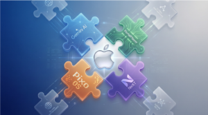 애플 로고와 기술 퍼즐 조각들