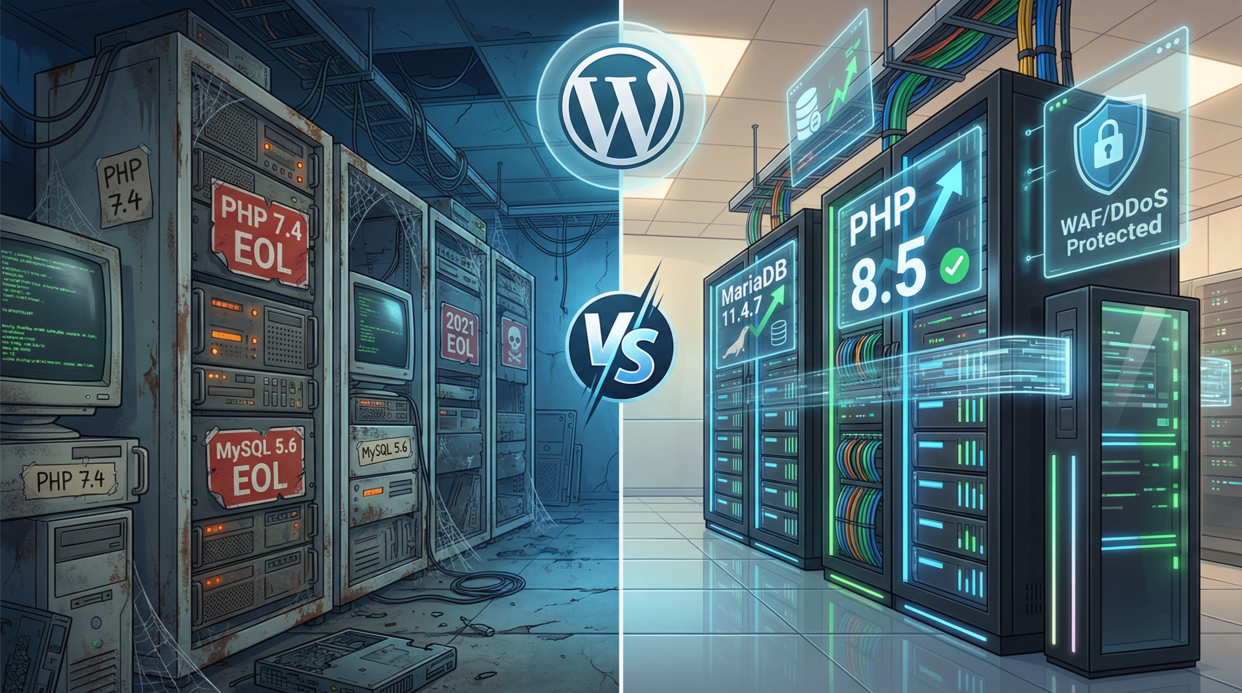 구형 서버와 최신 서버의 비교 이미지