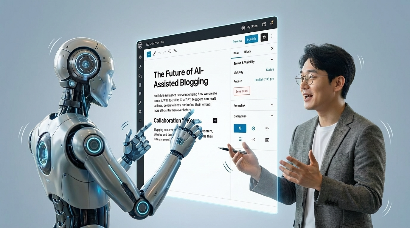 AI 로봇과 남성이 블로깅 인터페이스 앞에서 협업하는 모습