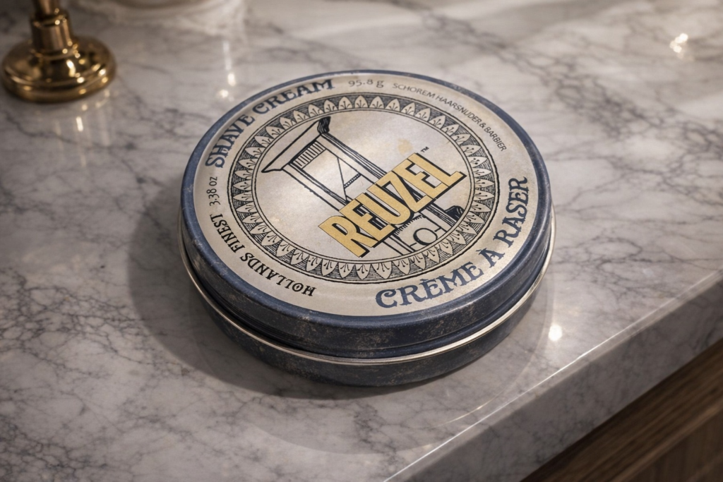 대리석 카운터 위에 놓인 리우젤 면도 크림 용기