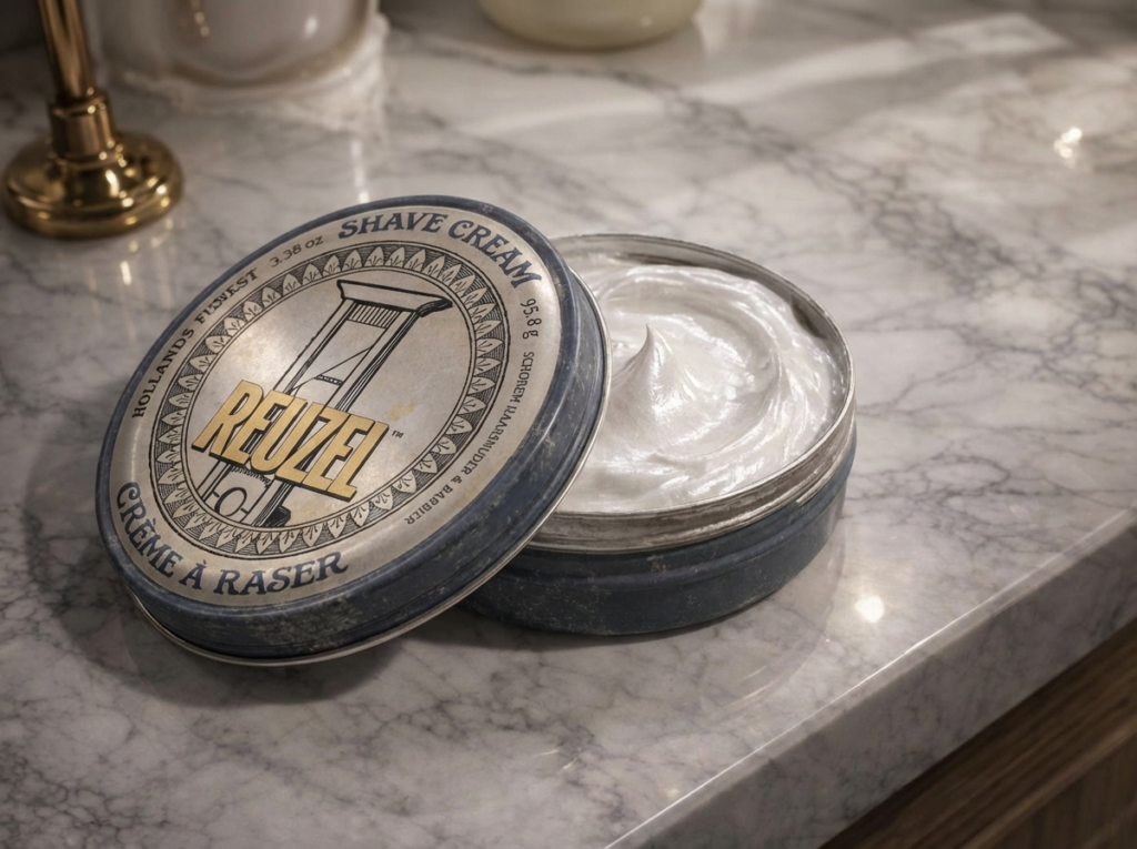 대리석 테이블 위 리우젤 면도 크림 용기