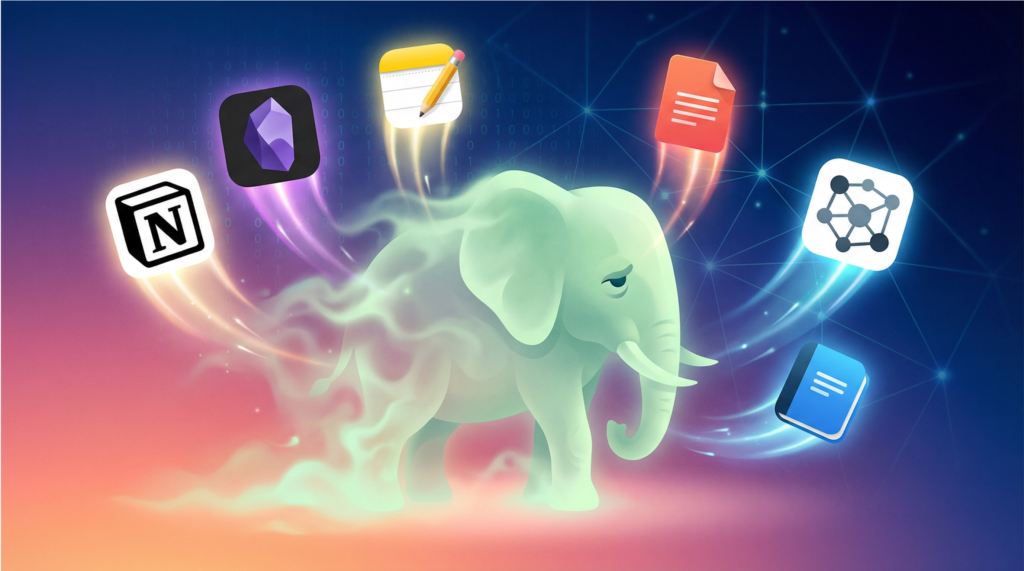 Evernote 로고인 코끼리가 흐릿하게 사라지는 가운데, Notion, Obsidian, Apple Notes, Craft, Roam Research, Upnote 등 경쟁 앱 아이콘들이 밝게 빛나며 상승하는 모습을 그린 일러스트레이션