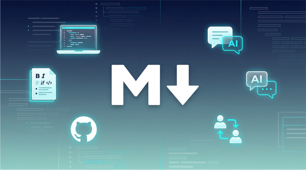 마크다운 로고를 중심으로 코드 편집, AI 채팅, GitHub, 협업 아이콘이 배치된 기술 콘셉트 이미지