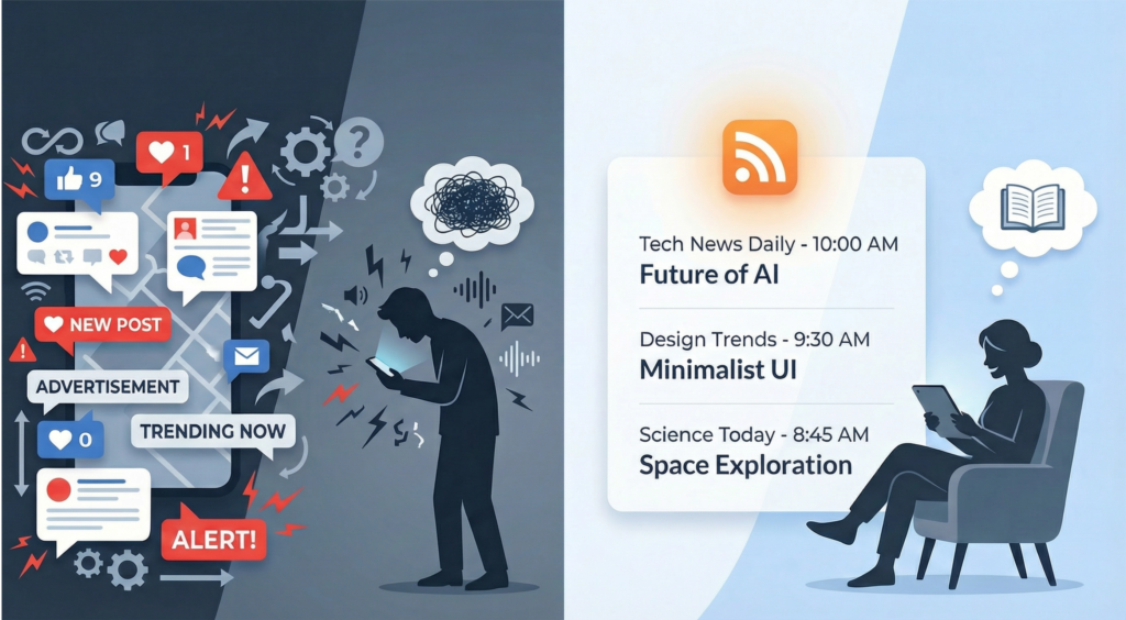 왼쪽에는 무한 알림, 광고, 트렌딩 콘텐츠로 둘러싸여 스마트폰을 보며 혼란스러워하는 사용자가 어두운 배경에 표현되어 있고, 오른쪽에는 RSS 아이콘과 함께 시간순으로 정렬된 깔끔한 기사 목록을 태블릿으로 편안하게 읽는 사용자가 밝은 배경에 표현된 대비 일러스트레이션