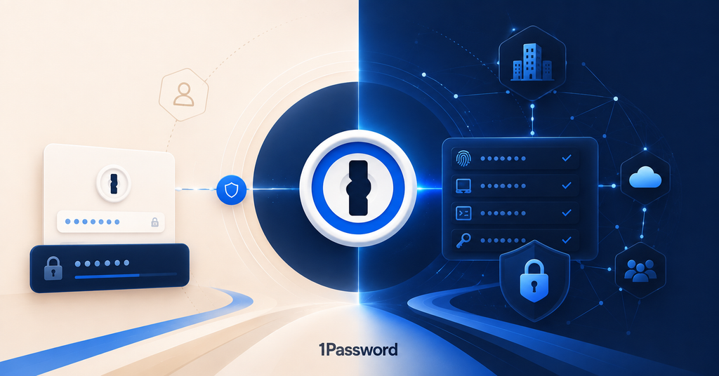 1Password가 개인용 비밀번호 관리자에서 기업용 보안 플랫폼으로 확장해가는 과정을 표현한 이미지입니다. 왼쪽에는 개인 비밀번호 관리와 로그인 보안을, 오른쪽에는 기업용 접근 제어, 클라우드, 기기 인증, 제로 트러스트 보안을 상징하는 요소를 배치해 1Password의 성장과 사업 확장을 시각화했습니다.